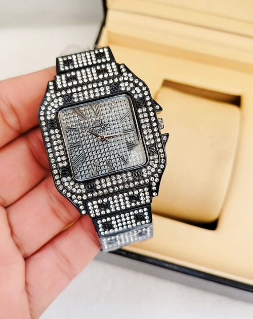 Ladies Stone Watch – Elegant Sparkling Wrist Watch Black Silver | Habysha