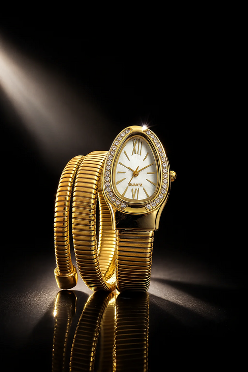 Triple-Wrap Snake Watch – Diamond Set Bezel Golden Wrist Watch | Habysha