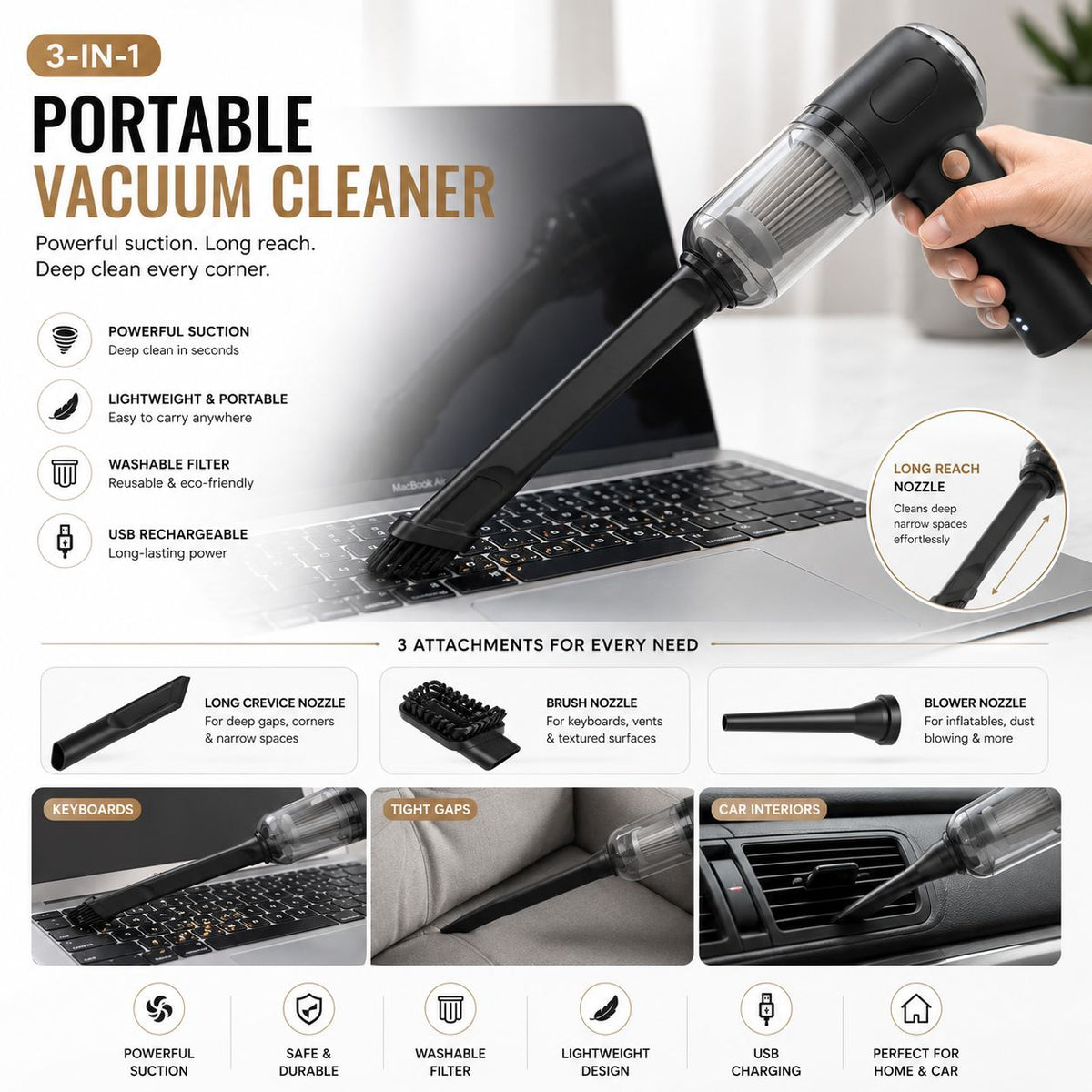 3-in-1 Portable Wireless Vacuum Cleaner
