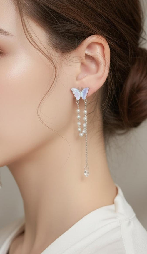 Butterfly Pearl Tassel Drop Earrings – Elegant Golden Jewellery | Habysha