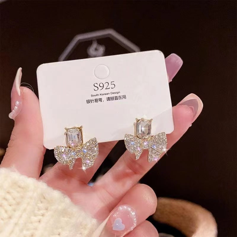 Sparkling Bow Zircon Earrings – Korean Style Golden Studs | Habysha